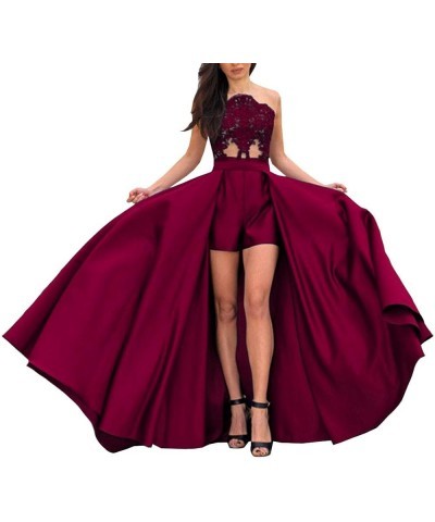 Women's Strapless Lace Applique Prom Party Gowns Jumpsuit Evening Dresses with Detachable Skirt Deep Rose $44.10 Dresses