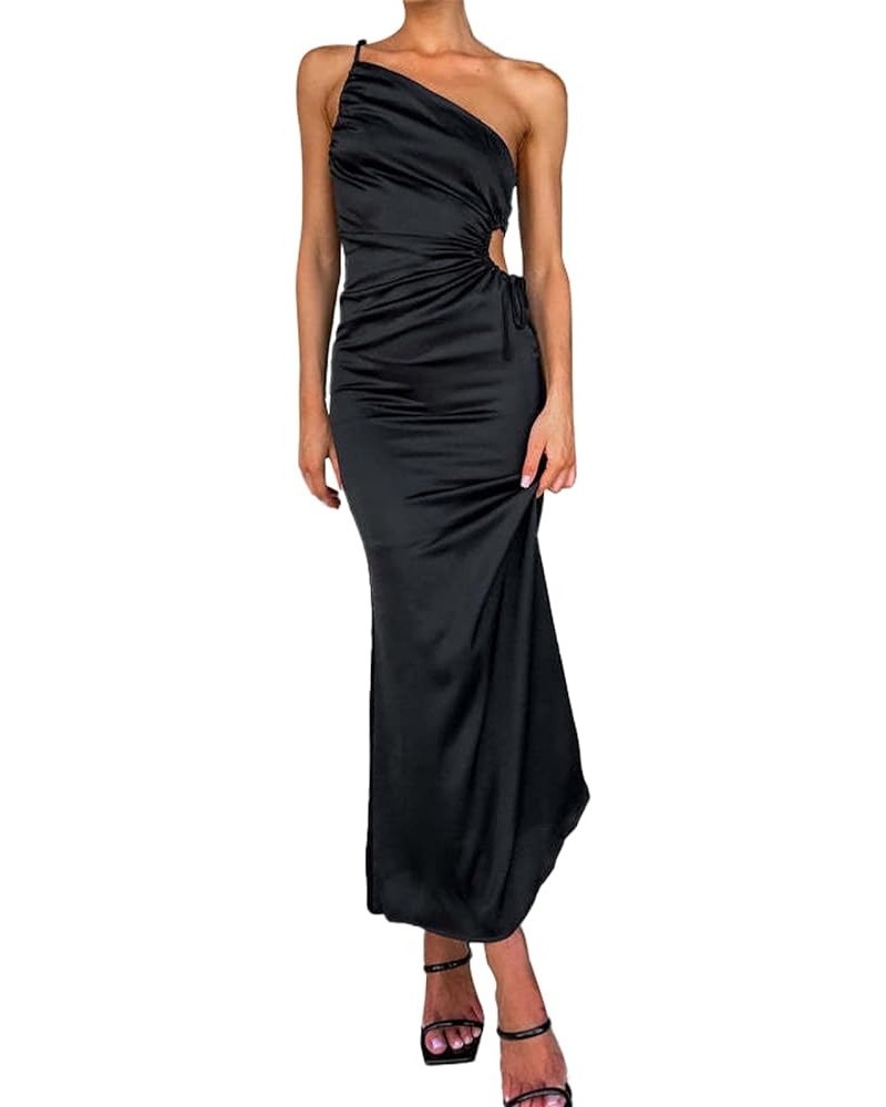 Women Elegant One-Shoulder Prom Dresses,Sleeveless Solid Slim Maxi Dress High Waist Slit Party Club Ruched Long Dress 19-blac...