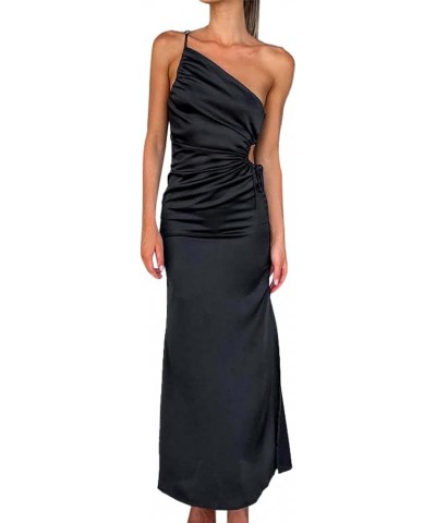 Women Elegant One-Shoulder Prom Dresses,Sleeveless Solid Slim Maxi Dress High Waist Slit Party Club Ruched Long Dress 19-blac...