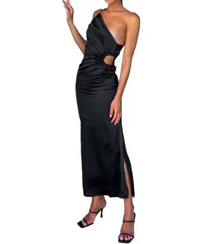 Women Elegant One-Shoulder Prom Dresses,Sleeveless Solid Slim Maxi Dress High Waist Slit Party Club Ruched Long Dress 19-blac...