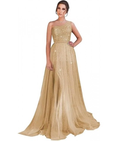 One Shoulder Sequin Long Prom Dresses for Women 2024 Sparkly Tulle High Slit Formal Maxi Evening Dress with Slit Champagne $3...