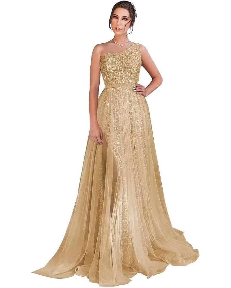 One Shoulder Sequin Long Prom Dresses for Women 2024 Sparkly Tulle High Slit Formal Maxi Evening Dress with Slit Champagne $3...