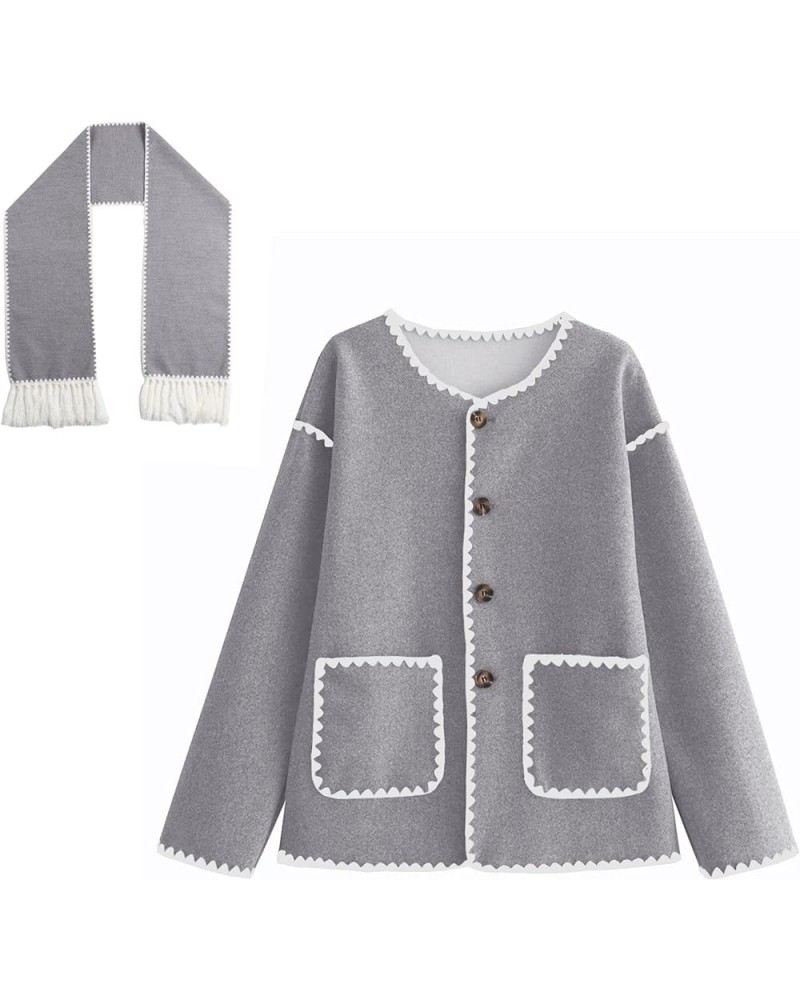 Women's Embroidered Tassels Scarf Jacket Button Down Loose Woolen Coat Outerwear Lightgrey $12.25 Coats