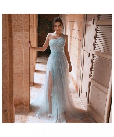 One Shoulder Sequin Long Prom Dresses for Women 2024 Sparkly Tulle High Slit Formal Maxi Evening Dress with Slit Champagne $3...