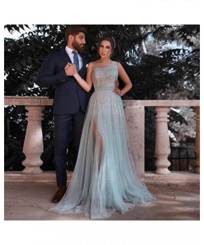 One Shoulder Sequin Long Prom Dresses for Women 2024 Sparkly Tulle High Slit Formal Maxi Evening Dress with Slit Champagne $3...