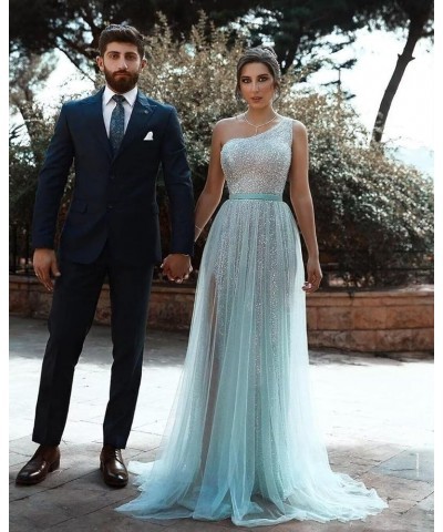 One Shoulder Sequin Long Prom Dresses for Women 2024 Sparkly Tulle High Slit Formal Maxi Evening Dress with Slit Champagne $3...