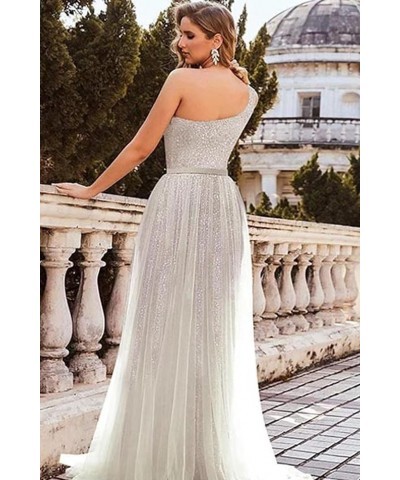 One Shoulder Sequin Long Prom Dresses for Women 2024 Sparkly Tulle High Slit Formal Maxi Evening Dress with Slit Champagne $3...