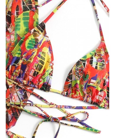 Women's 4 Piece Allover Print Criss Cross Halter Triangle Bikini Swimsuit with Cover Ups Multicoloured $17.48 Swimsuits