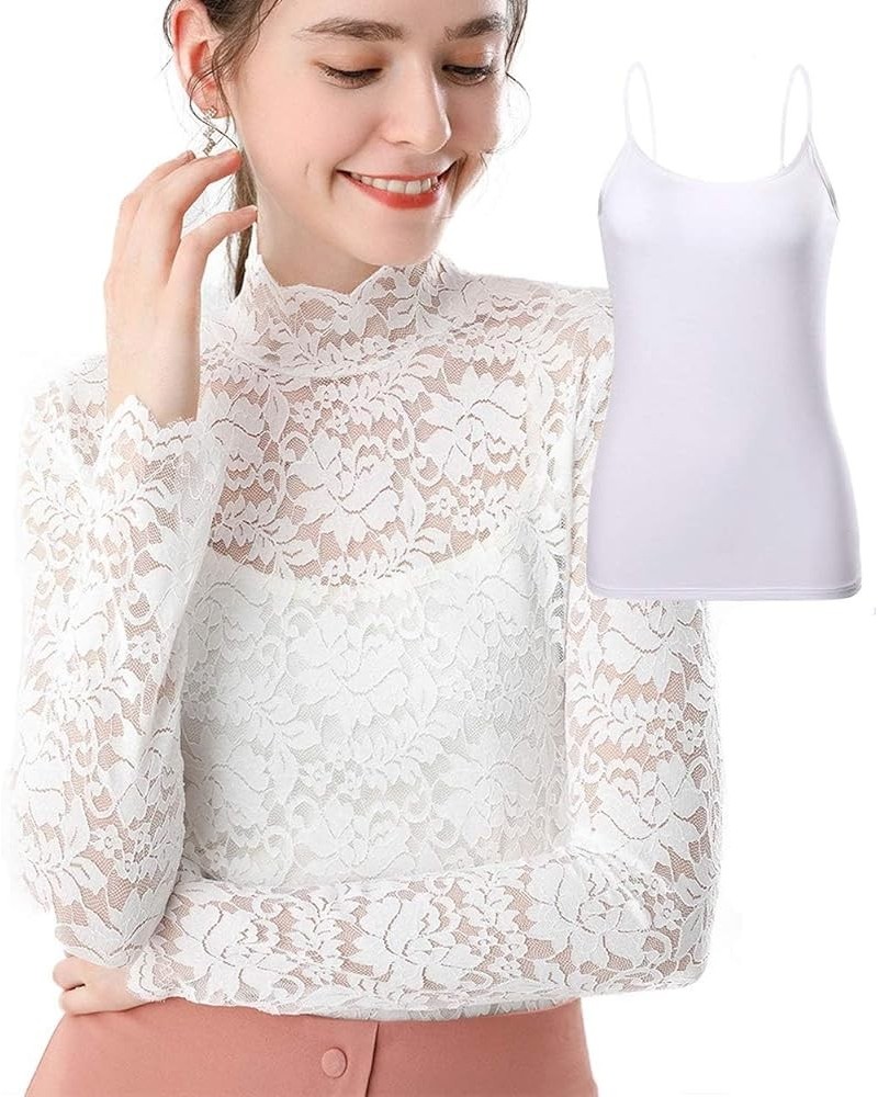 Women 2 Set Plus Size Floral Lace Shirt Eyelash Trim Sexy Long Sleeves Casual Dressy Top with Camisole XS-5XL White&camisole ...