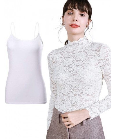 Women 2 Set Plus Size Floral Lace Shirt Eyelash Trim Sexy Long Sleeves Casual Dressy Top with Camisole XS-5XL White&camisole ...