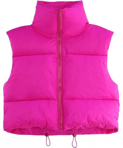 Women Cropped Puffer Vest Sleeveless Lightweight Warm Vest Outerwear Full Zip Stand Collar Vest Jacket Hot Pink $16.63 Vests