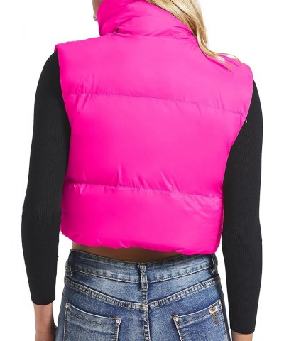 Women Cropped Puffer Vest Sleeveless Lightweight Warm Vest Outerwear Full Zip Stand Collar Vest Jacket Hot Pink $16.63 Vests