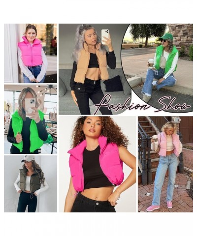 Women Cropped Puffer Vest Sleeveless Lightweight Warm Vest Outerwear Full Zip Stand Collar Vest Jacket Hot Pink $16.63 Vests