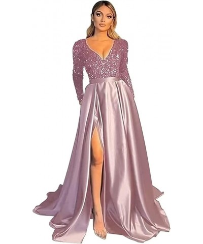 Women's Sequin Prom Dresses V Neck Long Sleeve Satin Floor Length Gown Formal Evening Dresses with Slit Dusty Rose $36.00 Dre...