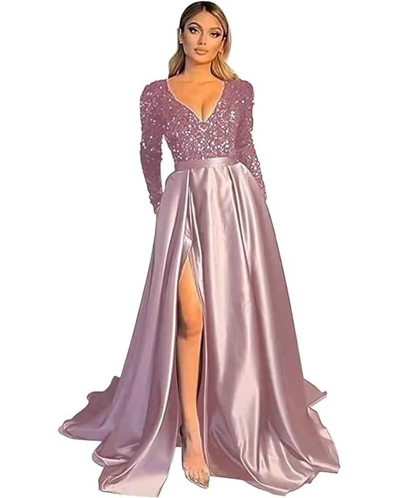 Women's Sequin Prom Dresses V Neck Long Sleeve Satin Floor Length Gown Formal Evening Dresses with Slit Dusty Rose $36.00 Dre...
