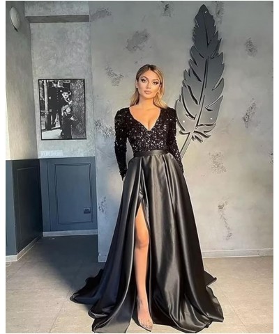 Women's Sequin Prom Dresses V Neck Long Sleeve Satin Floor Length Gown Formal Evening Dresses with Slit Dusty Rose $36.00 Dre...