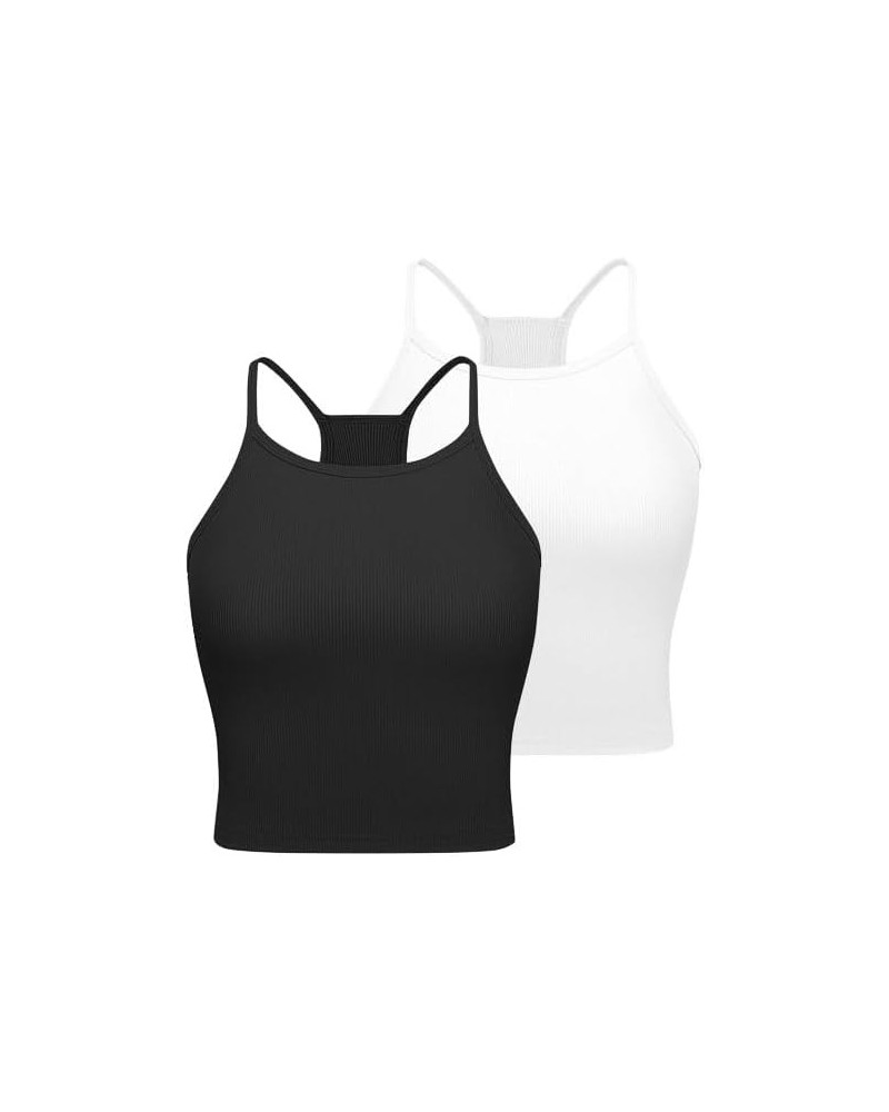 Ribbed Yoga Crop Tank Tops 2-3Pack Slim Fit Workout Camisole Black+white $5.69 Tanks