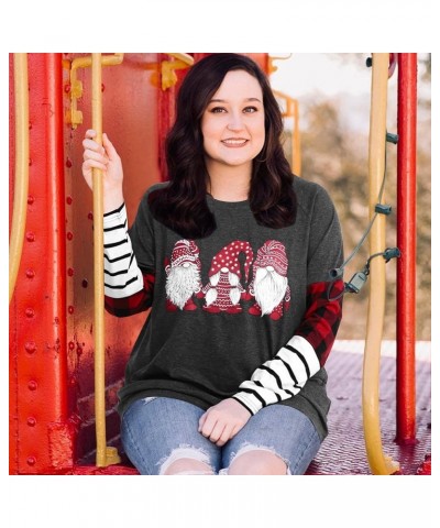 Plus Size Christmas Shirt Women Gnomes T-Shirt - Xmas Buffalo Plaid Splicing Tshirt Holiday Shirts Tops Grey Plaid $9.66 T-Sh...