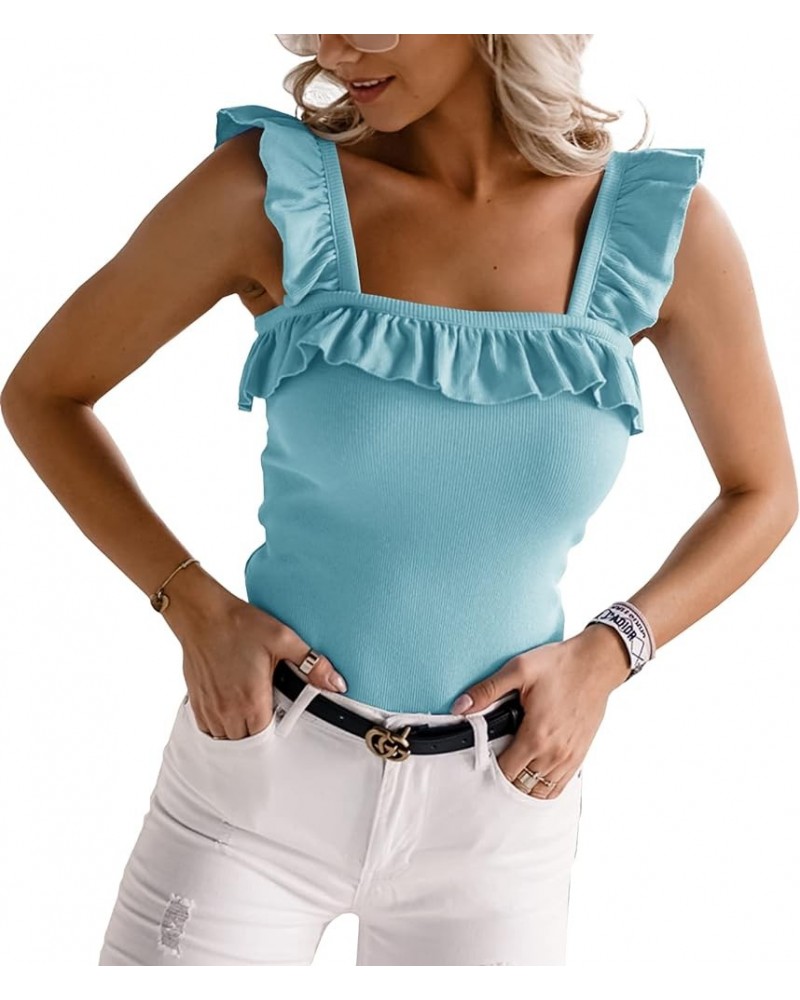 Womens Cute Sleeveless Tank Tops Ruffle Strap Square Neck Blouse Solid Color Knitted Camisole Sky Blue $10.25 Tanks