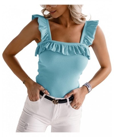 Womens Cute Sleeveless Tank Tops Ruffle Strap Square Neck Blouse Solid Color Knitted Camisole Sky Blue $10.25 Tanks