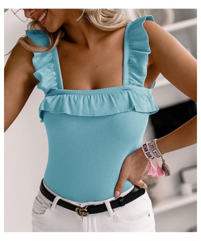 Womens Cute Sleeveless Tank Tops Ruffle Strap Square Neck Blouse Solid Color Knitted Camisole Sky Blue $10.25 Tanks