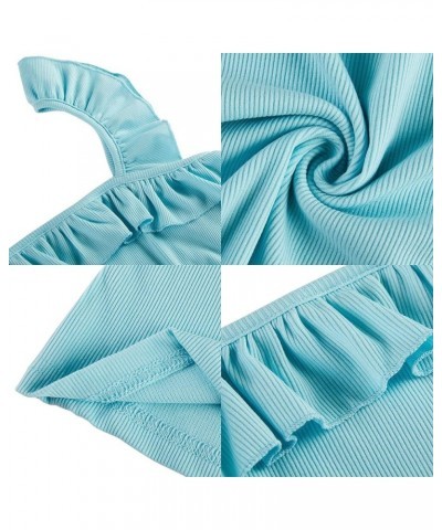 Womens Cute Sleeveless Tank Tops Ruffle Strap Square Neck Blouse Solid Color Knitted Camisole Sky Blue $10.25 Tanks