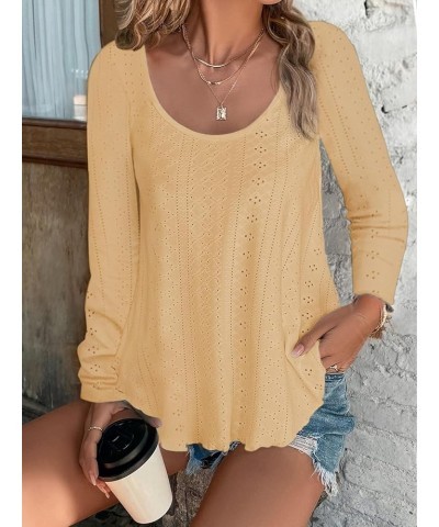 Women's Long Sleeve Shirts Fashion Lace Eyelet Tops Casual Loose Flowy Tunics Lightweight Basic Tees Light Yellow $17.65 T-Sh...