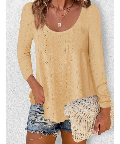 Women's Long Sleeve Shirts Fashion Lace Eyelet Tops Casual Loose Flowy Tunics Lightweight Basic Tees Light Yellow $17.65 T-Sh...