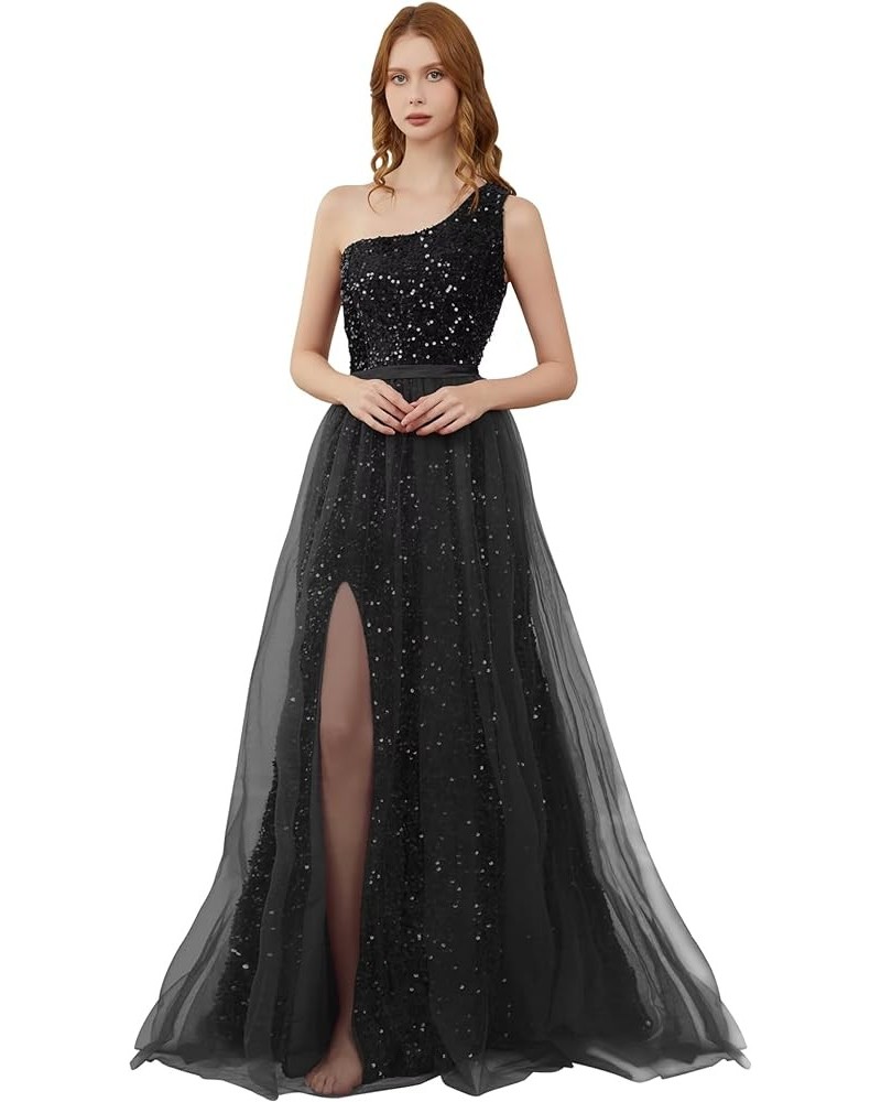 One Shoulder Sequin Prom Dresses for Women 2024 Long Tulle Formal Ball Gown Sparkly Slit Evening Party Dresses Black $27.00 D...