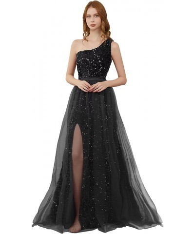 One Shoulder Sequin Prom Dresses for Women 2024 Long Tulle Formal Ball Gown Sparkly Slit Evening Party Dresses Black $27.00 D...