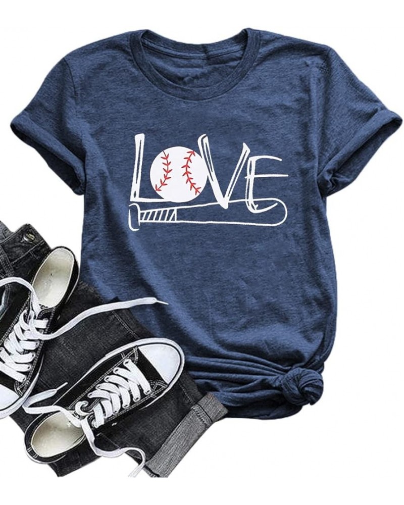 Baseball Shirt Women Baseball Love Graphic Tees Funny Baseball Mom T Shirt Game Day Short Sleeve Tops Blue $9.84 Tops