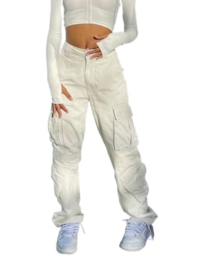 Women Cargo Pants Low Waist Wide Leg Baggy Trousers Sweatpants Casual Pocket Jogger Pants Streetwear 02-white $14.00 Pants