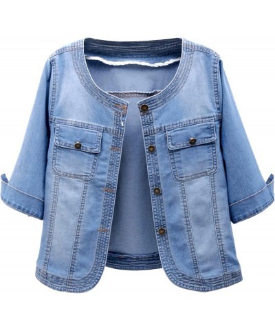 Women Denim Jacket 3/4 Sleeve Collarless Light Washed Cropped Jean Jackets Coats Blue $13.56 Jackets