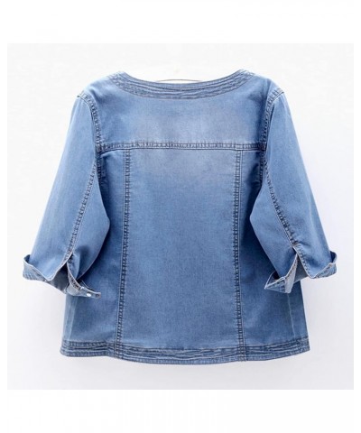 Women Denim Jacket 3/4 Sleeve Collarless Light Washed Cropped Jean Jackets Coats Blue $13.56 Jackets