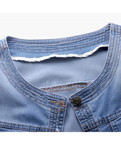 Women Denim Jacket 3/4 Sleeve Collarless Light Washed Cropped Jean Jackets Coats Blue $13.56 Jackets