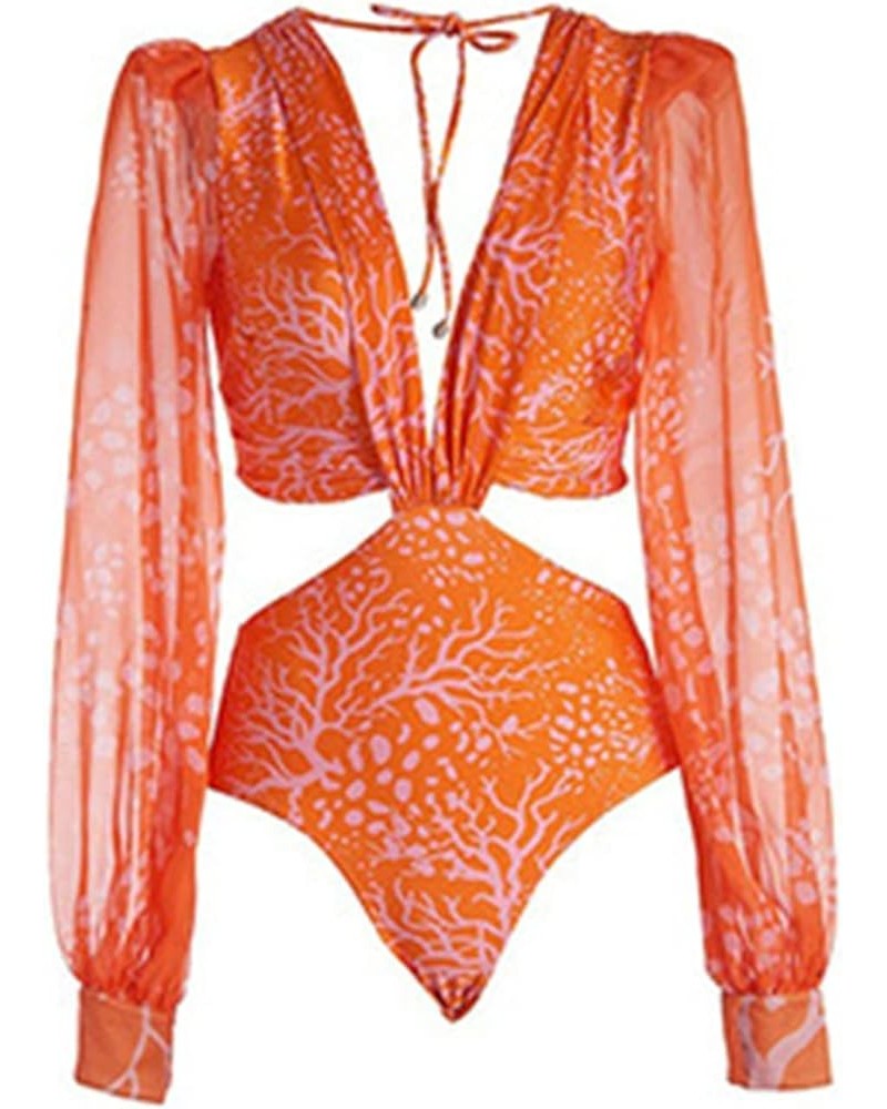 Women's Long Sleeve Bathing Suit, Floral Print Backless One Piece Swimsuit Puff Sleeve Bathing Suit Swimwear Bikini-2 $16.15 ...