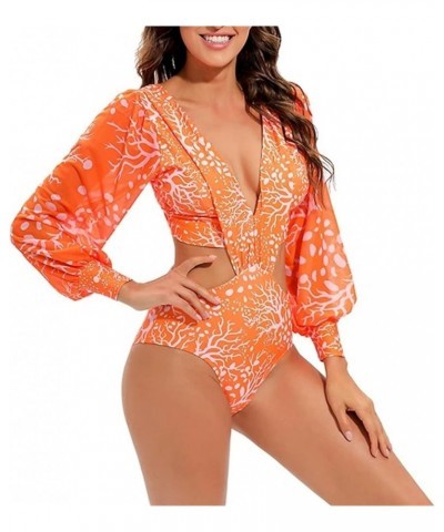 Women's Long Sleeve Bathing Suit, Floral Print Backless One Piece Swimsuit Puff Sleeve Bathing Suit Swimwear Bikini-2 $16.15 ...