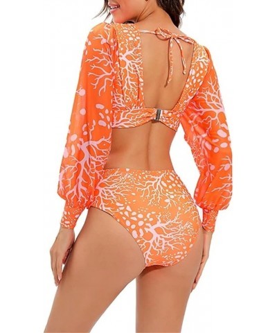 Women's Long Sleeve Bathing Suit, Floral Print Backless One Piece Swimsuit Puff Sleeve Bathing Suit Swimwear Bikini-2 $16.15 ...