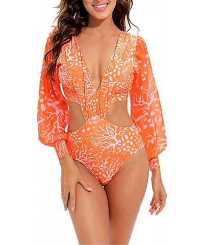 Women's Long Sleeve Bathing Suit, Floral Print Backless One Piece Swimsuit Puff Sleeve Bathing Suit Swimwear Bikini-2 $16.15 ...