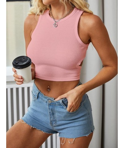 Womens Summer Halter Tops Cutout Sleeveless Crewneck Racerback Ribbed Knitted Crop Tank Top Pink $10.25 Tops