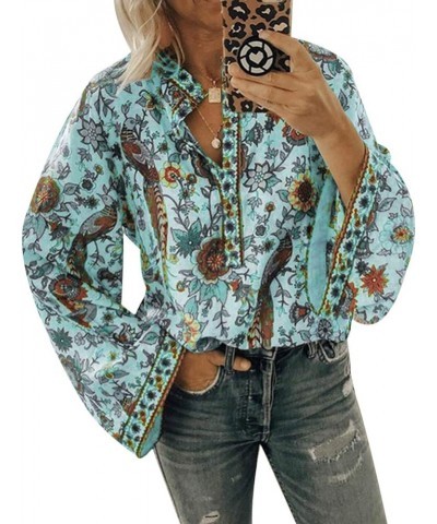 Women Peacock Floral Print Boho Blouse Tops Vintage Long Sleeve Shirt V-Neck Button Down Tops Green $13.99 Blouses