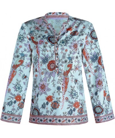 Women Peacock Floral Print Boho Blouse Tops Vintage Long Sleeve Shirt V-Neck Button Down Tops Green $13.99 Blouses