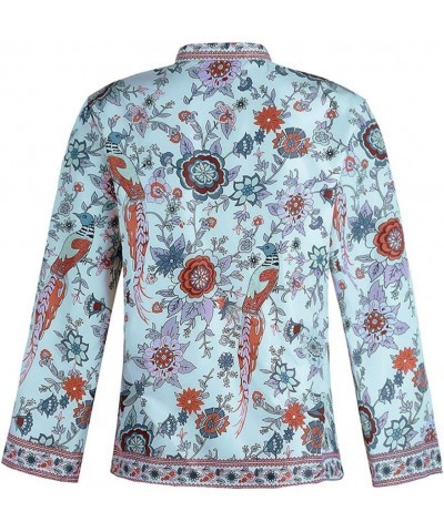 Women Peacock Floral Print Boho Blouse Tops Vintage Long Sleeve Shirt V-Neck Button Down Tops Green $13.99 Blouses