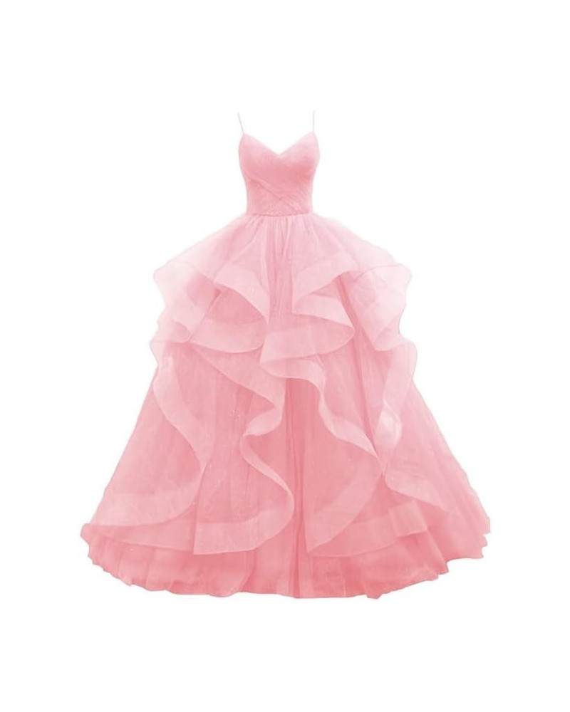 Prom-Dresses-Long-Ball-Gown Tulle Glitter Spaghetti Straps Tiered Puffy Evening Gowns Baby Pink $37.96 Dresses