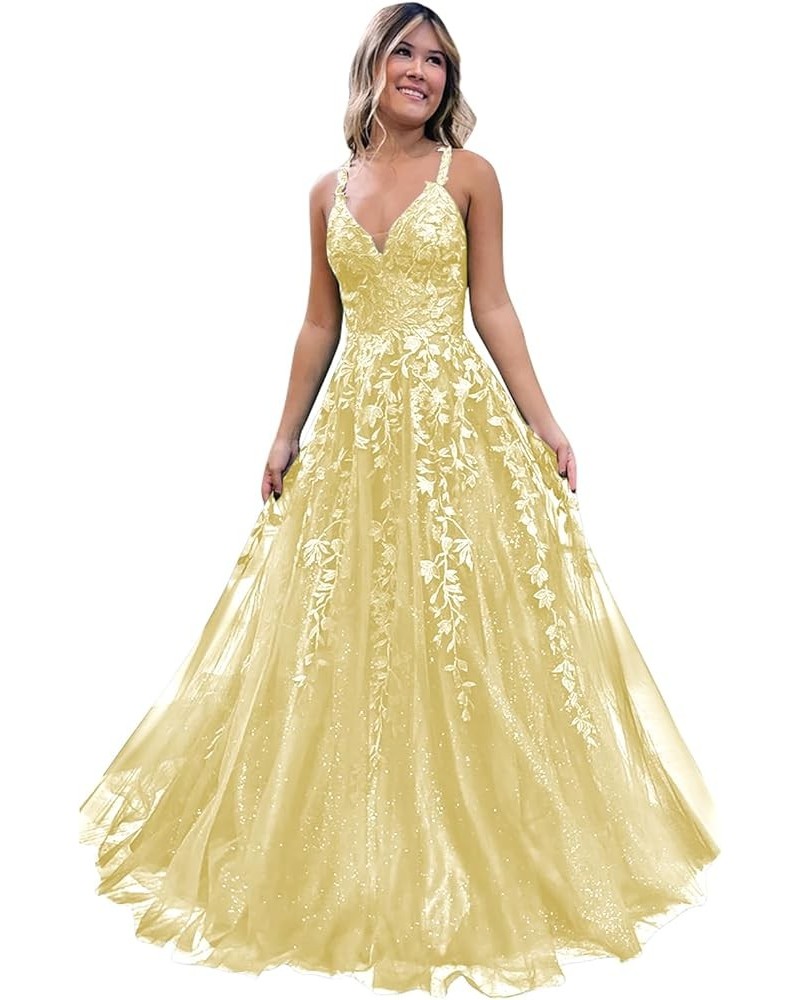 Sparkly Tulle Prom Dresses 2024 Lace Appliques Long Ball Gown V Neck Corset Spaghetti Straps Formal Evening Dress Yellow $34....