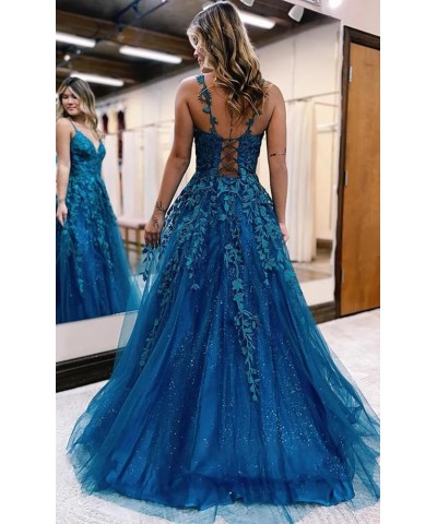 Sparkly Tulle Prom Dresses 2024 Lace Appliques Long Ball Gown V Neck Corset Spaghetti Straps Formal Evening Dress Yellow $34....