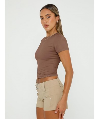 Womens Basic T-Shirts Scoop Neck Short Sleeve Crop Tops Cute Summer Tops Slim Fit Tees Y2k Clothing 2024 Coffee $11.59 T-Shirts