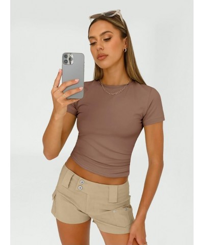 Womens Basic T-Shirts Scoop Neck Short Sleeve Crop Tops Cute Summer Tops Slim Fit Tees Y2k Clothing 2024 Coffee $11.59 T-Shirts