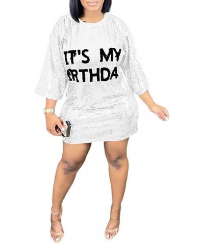 Its My Birthday Dress for Women Birthday Sequin Shirt Dress Letter Graphic Print Half Sleeve Dress White $12.32 Dresses