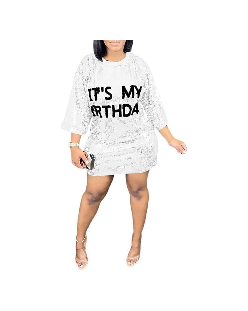 Its My Birthday Dress for Women Birthday Sequin Shirt Dress Letter Graphic Print Half Sleeve Dress White $12.32 Dresses